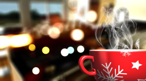 coffee steaming in christmas mug